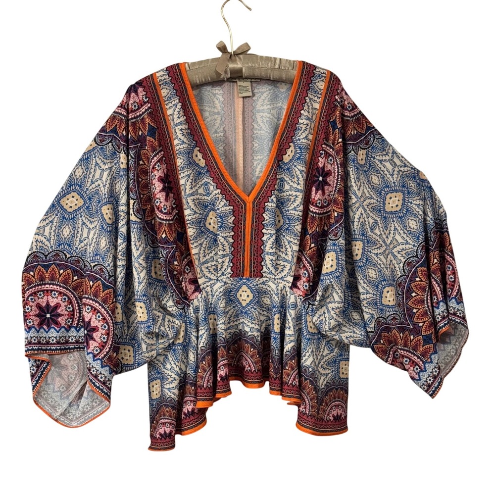 Flying Tomato Womens Boho Paisley Bell Sleeve V-Neck Peplum Top Blue Orange L